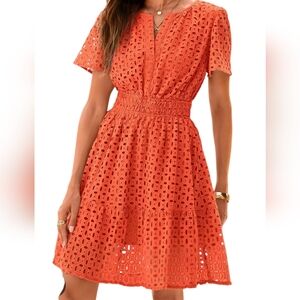 PrettyGarden Coral Eyelet Cotton Dress  NWT